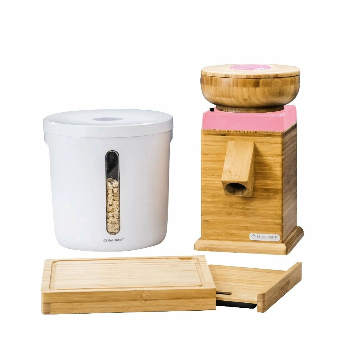 NutriMill Harvest Grain Mill | Pink + Cutting Board & Canister Bundle 1 NutriMill Harvest Grain Mill | Pink + Cutting Board & Canister Bundle