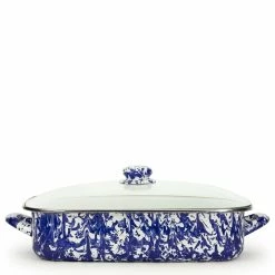 Golden Rabbit Enamelware 16" X 12.5" Roasting Pan With Lid | Cobalt Swirl -Coffee Sales cb15