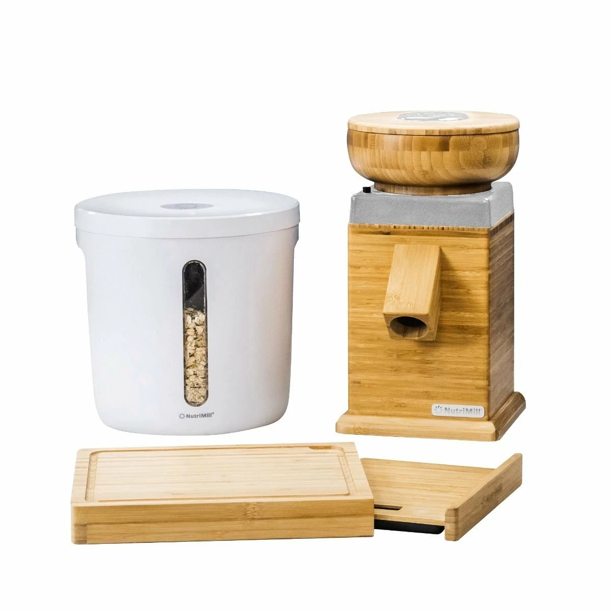 NutriMill Harvest Grain Mill | Silver + Cutting Board & Canister Bundle 1 NutriMill Harvest Grain Mill | Silver + Cutting Board & Canister Bundle
