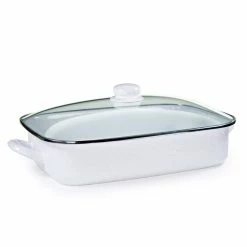 Golden Rabbit Enamelware 16" X 12.5" Roasting Pan With Lid | White